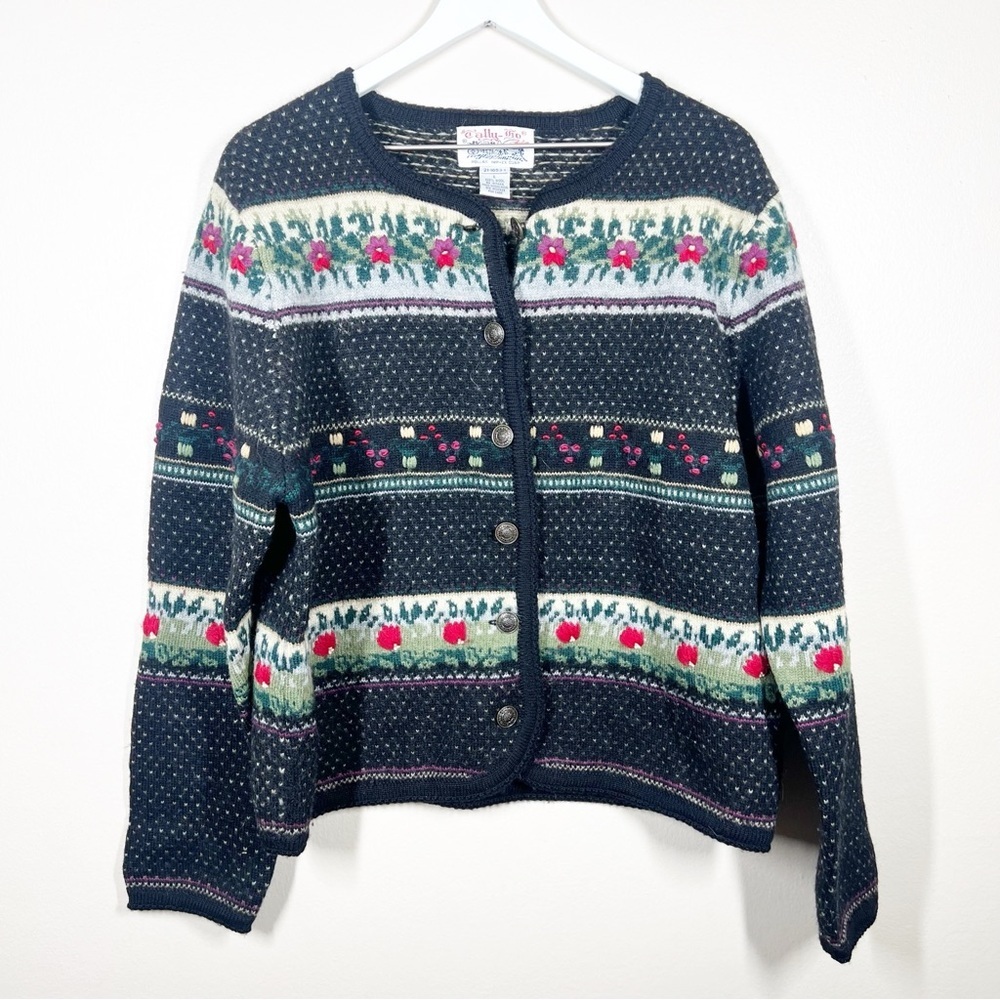 Tally Ho Vintage Nordic Style Metal button front cardigan embroidered wool